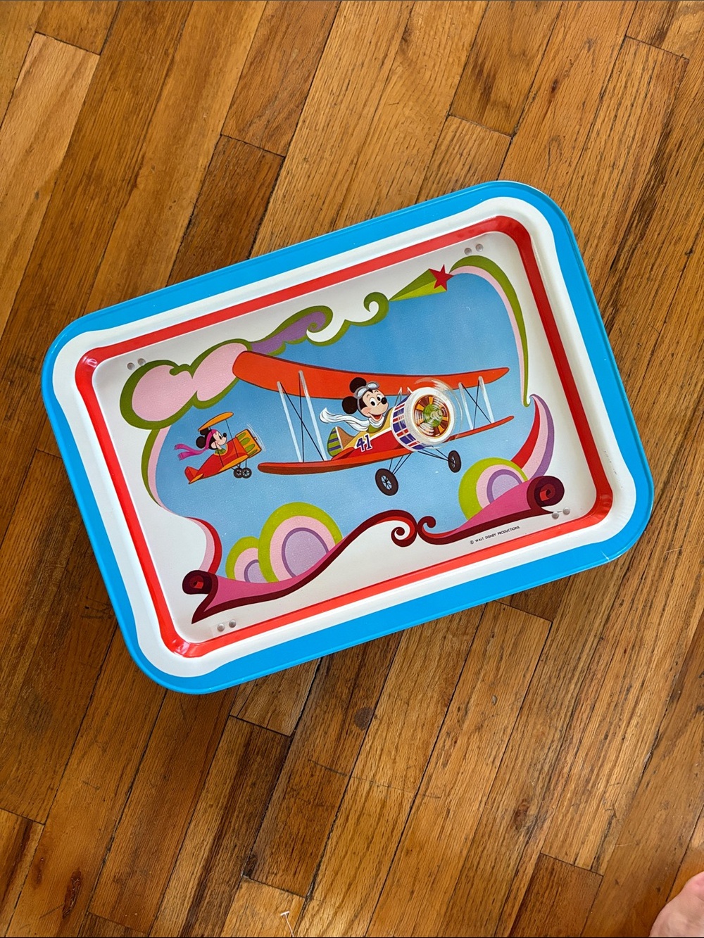 Disney Blue and Red Mickey Mouse Airplane Tin Tray Vintage